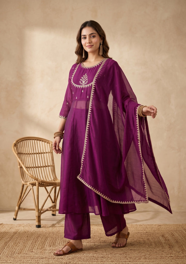 Purple Zariwork (Gold) Soft Raw Silk Readymade Salwar Suit