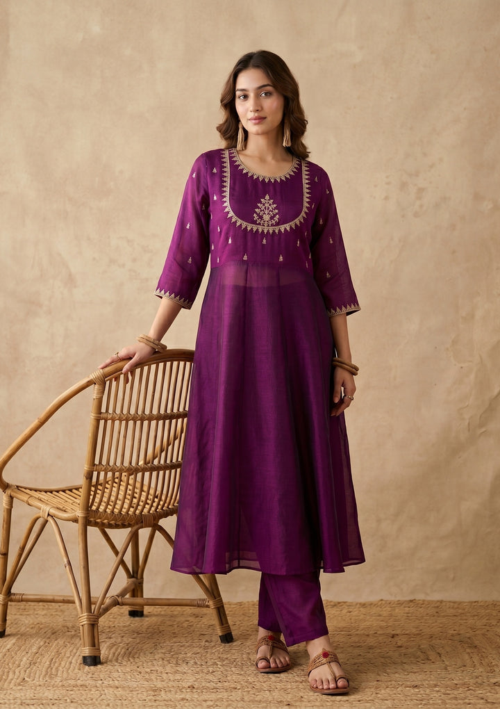 Purple Zariwork (Gold) Soft Raw Silk Readymade Salwar Suit