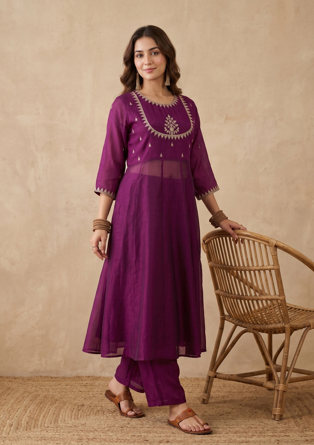 Purple Zariwork (Gold) Soft Raw Silk Readymade Salwar Suit