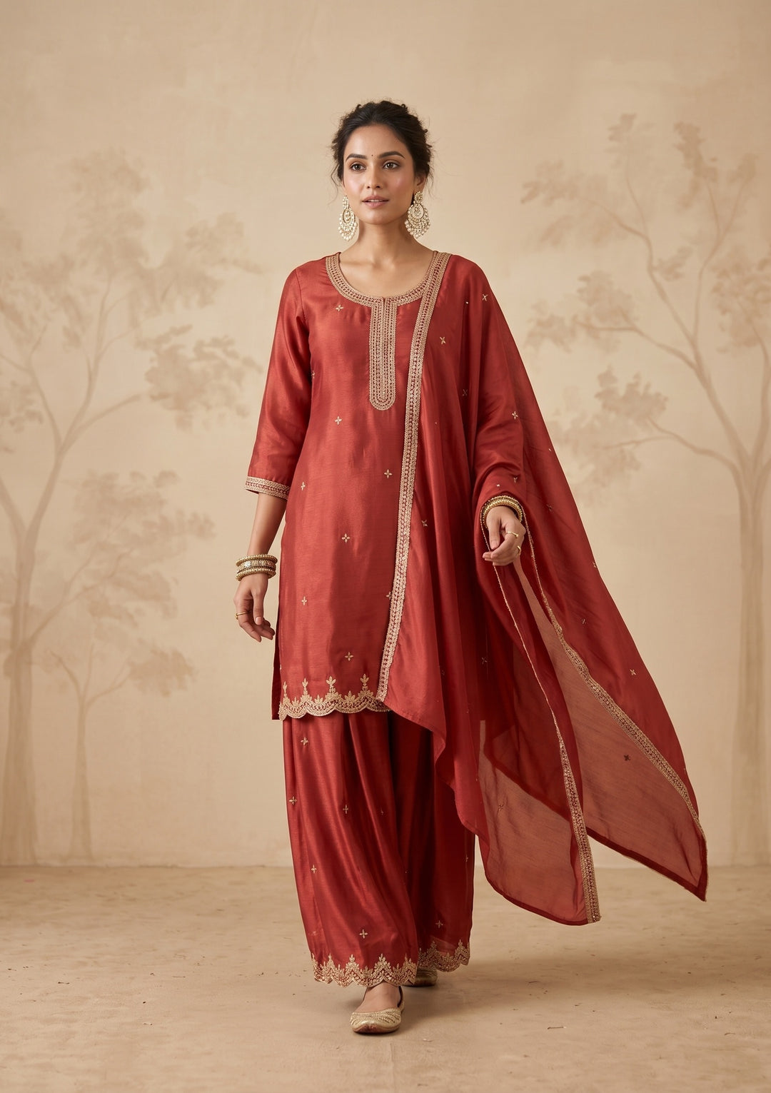 Rust Zariwork (Gold) Chinon Readymade Salwar Suit