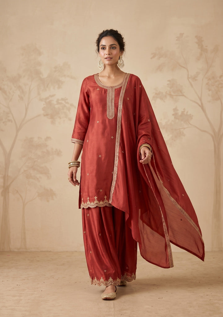 Rust Zariwork (Gold) Chinon Readymade Salwar Suit