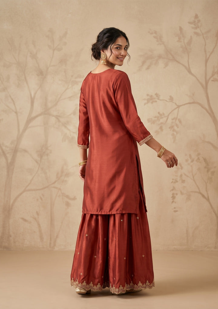 Rust Zariwork (Gold) Chinon Readymade Salwar Suit