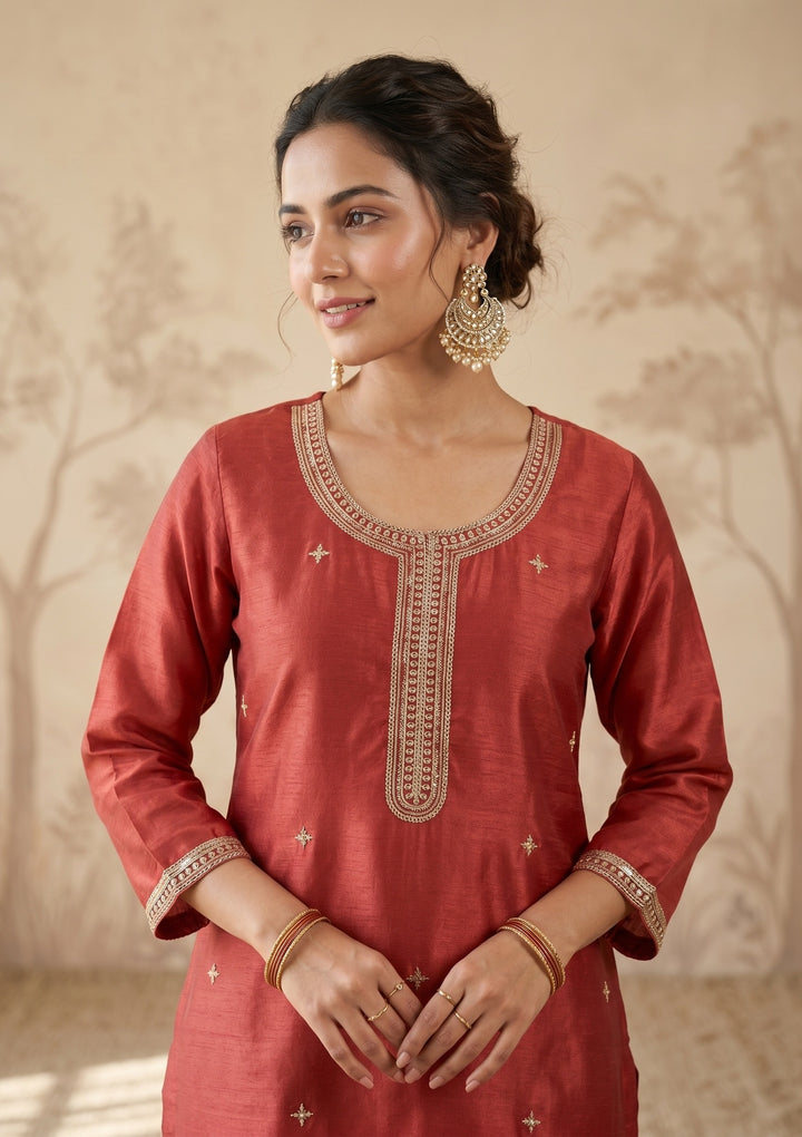 Rust Zariwork (Gold) Chinon Readymade Salwar Suit