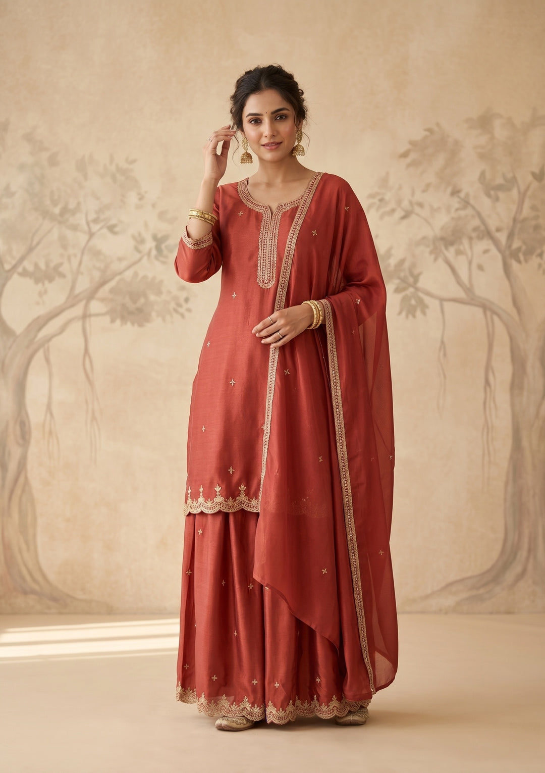 Rust Zariwork (Gold) Chinon Readymade Salwar Suit