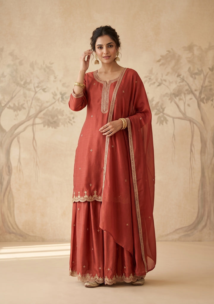 Rust Zariwork (Gold) Chinon Readymade Salwar Suit
