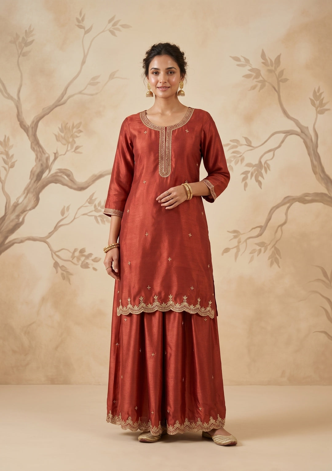 Rust Zariwork (Gold) Chinon Readymade Salwar Suit