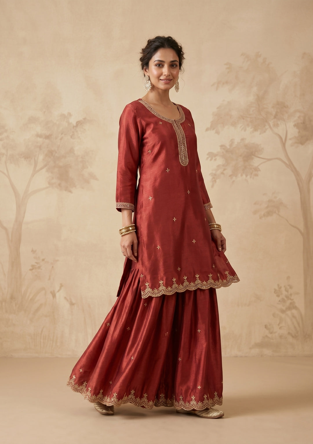 Rust Zariwork (Gold) Chinon Readymade Salwar Suit