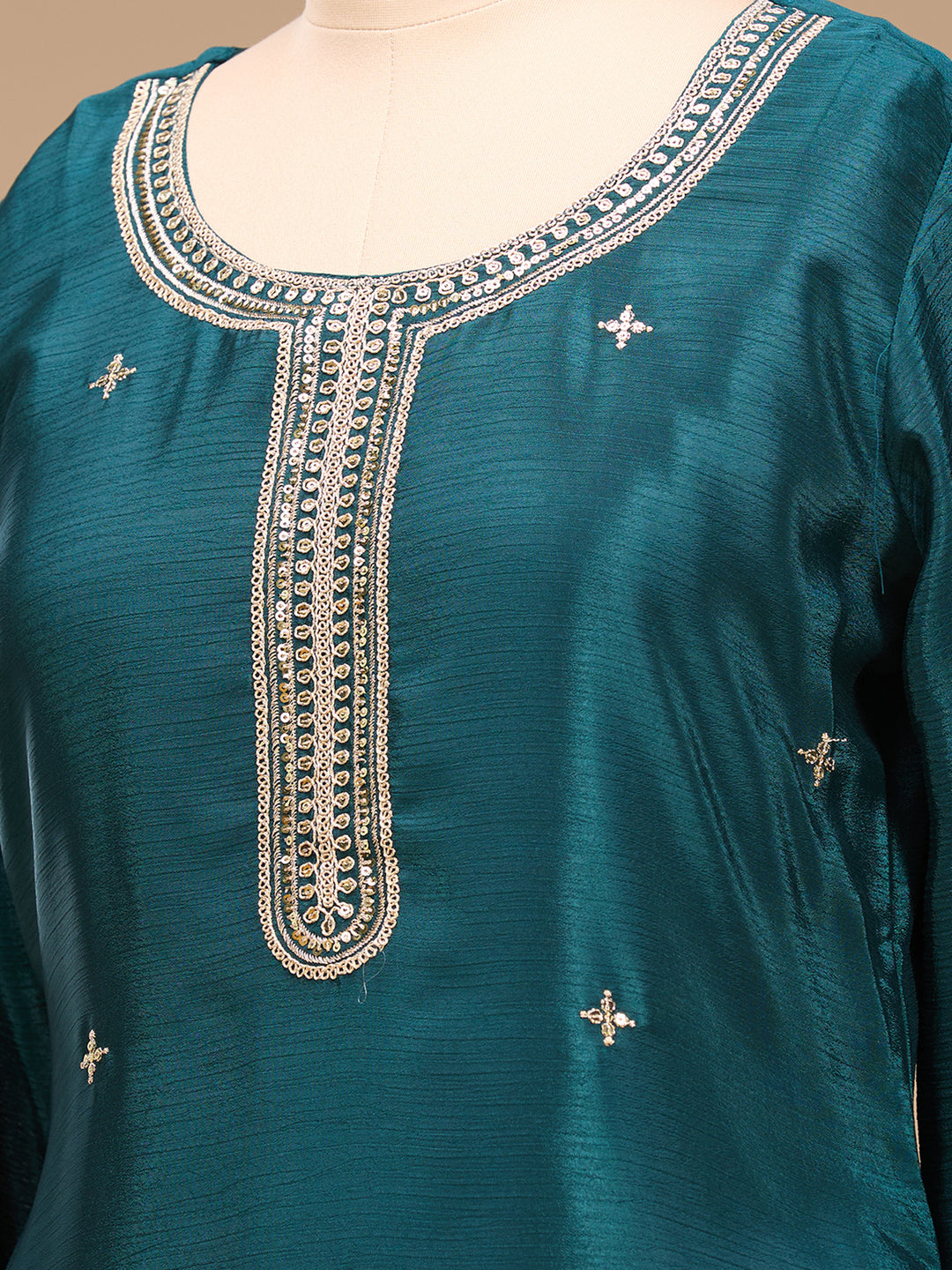 Teal Green Zariwork (Gold) Chinon Readymade Salwar Suit