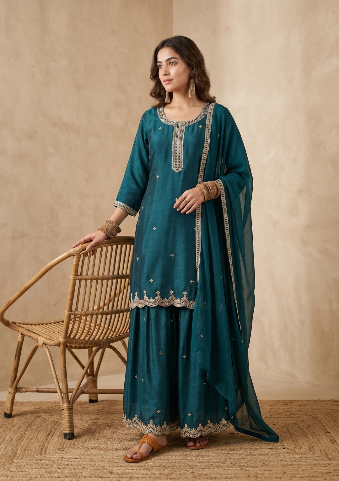 Teal Green Zariwork (Gold) Chinon Readymade Salwar Suit