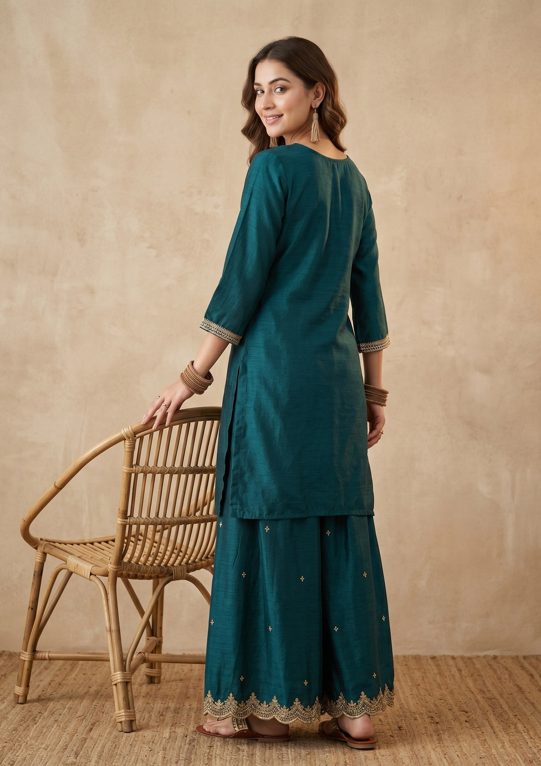 Teal Green Zariwork (Gold) Chinon Readymade Salwar Suit