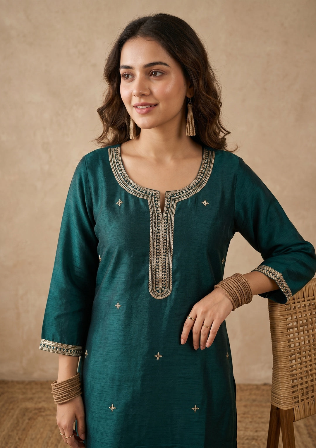 Teal Green Zariwork (Gold) Chinon Readymade Salwar Suit