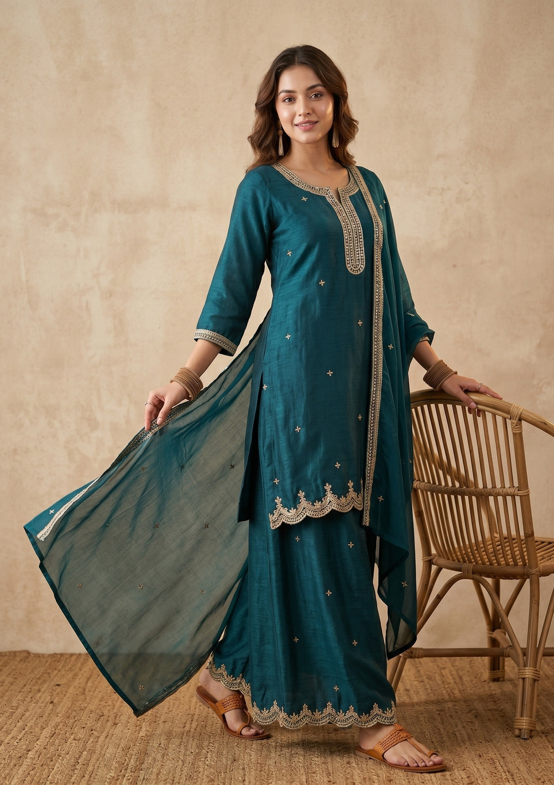 Teal Green Zariwork (Gold) Chinon Readymade Salwar Suit