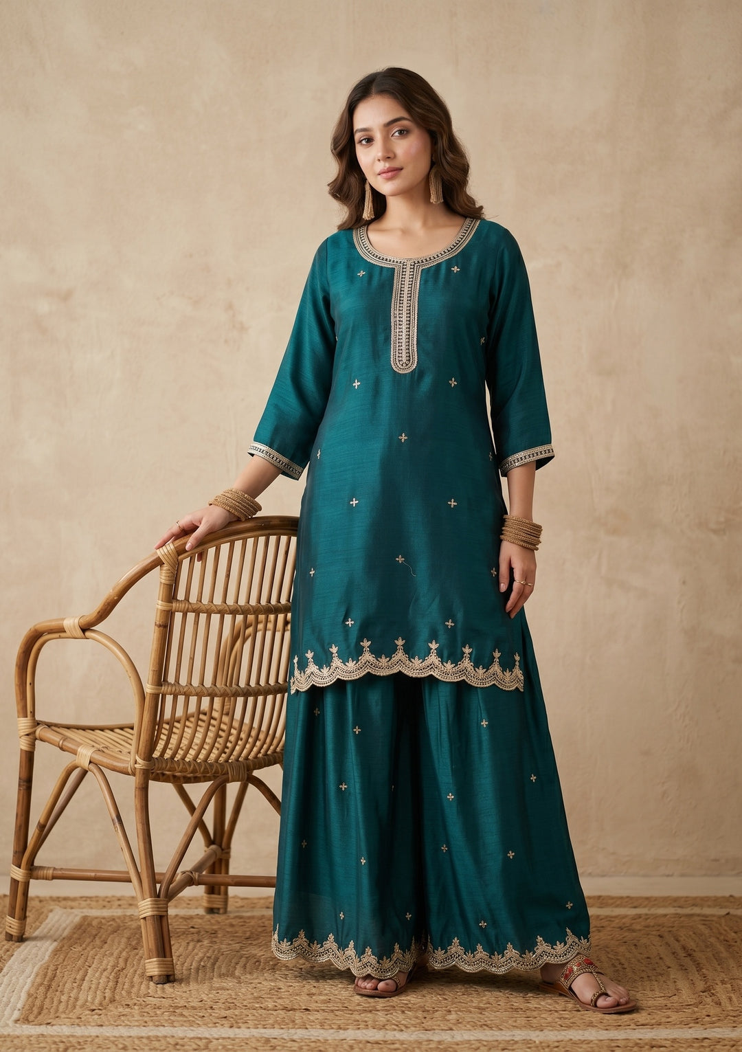 Teal Green Zariwork (Gold) Chinon Readymade Salwar Suit