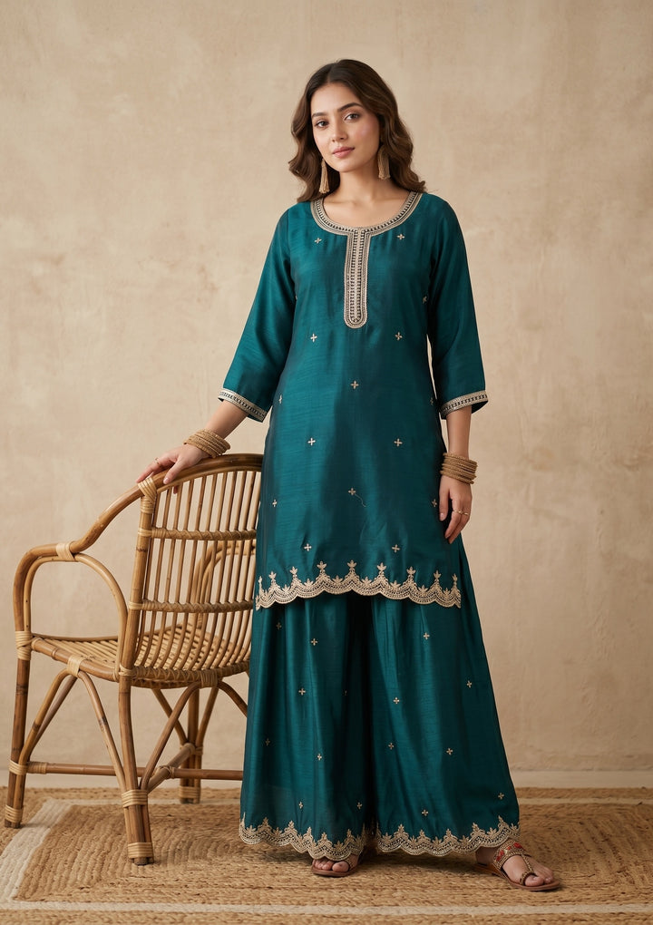 Teal Green Zariwork (Gold) Chinon Readymade Salwar Suit