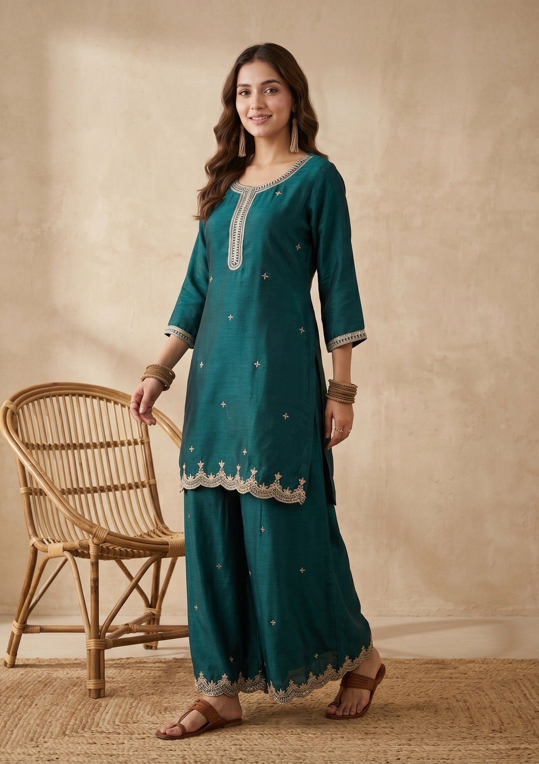 Teal Green Zariwork (Gold) Chinon Readymade Salwar Suit