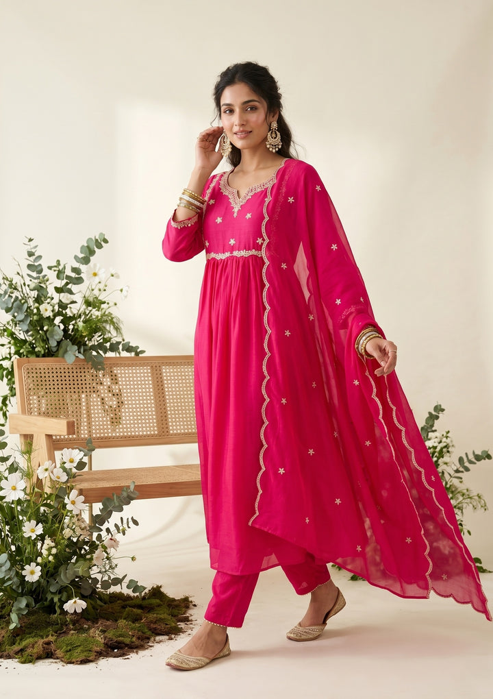 Rani Pink Zariwork (Gold) Soft Raw Silk Readymade Salwar Suit