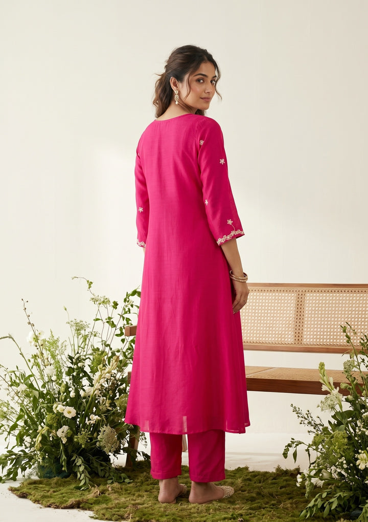 Rani Pink Zariwork (Gold) Soft Raw Silk Readymade Salwar Suit