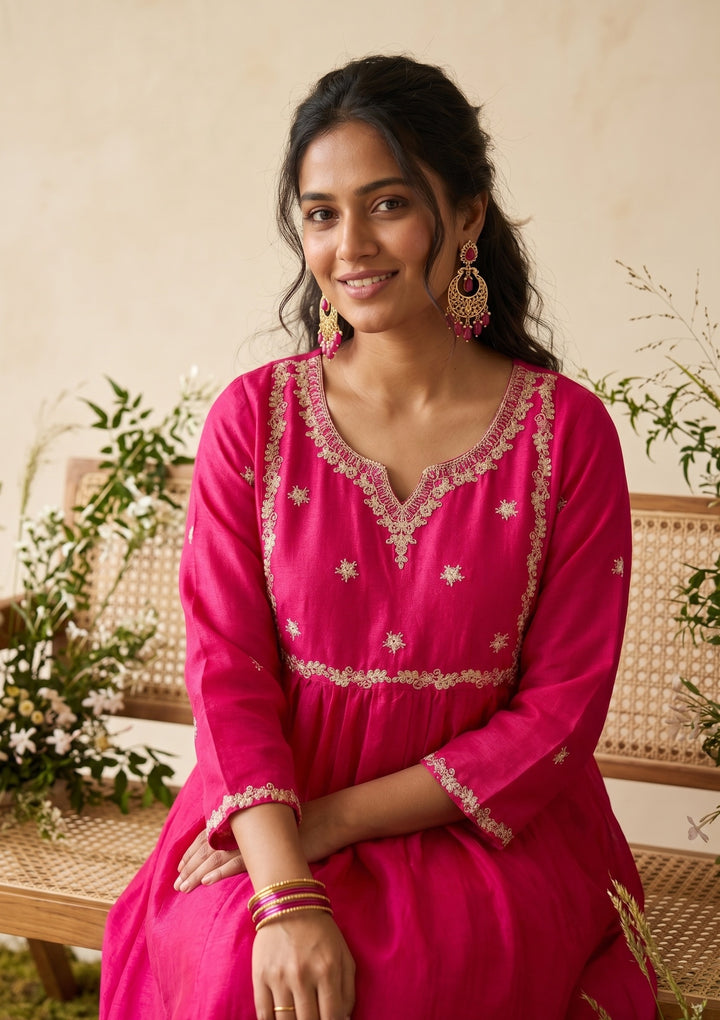 Rani Pink Zariwork (Gold) Soft Raw Silk Readymade Salwar Suit