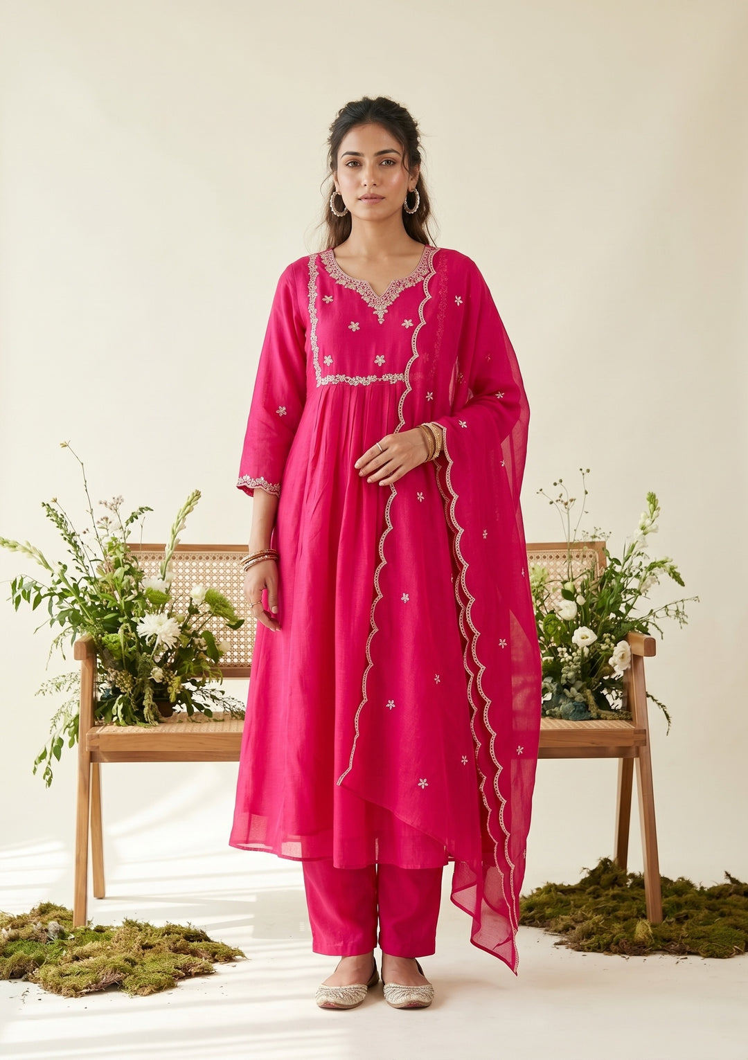 Rani Pink Zariwork (Gold) Soft Raw Silk Readymade Salwar Suit