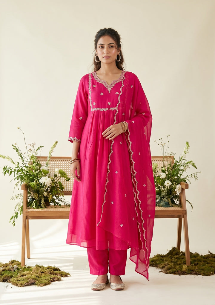 Rani Pink Zariwork (Gold) Soft Raw Silk Readymade Salwar Suit