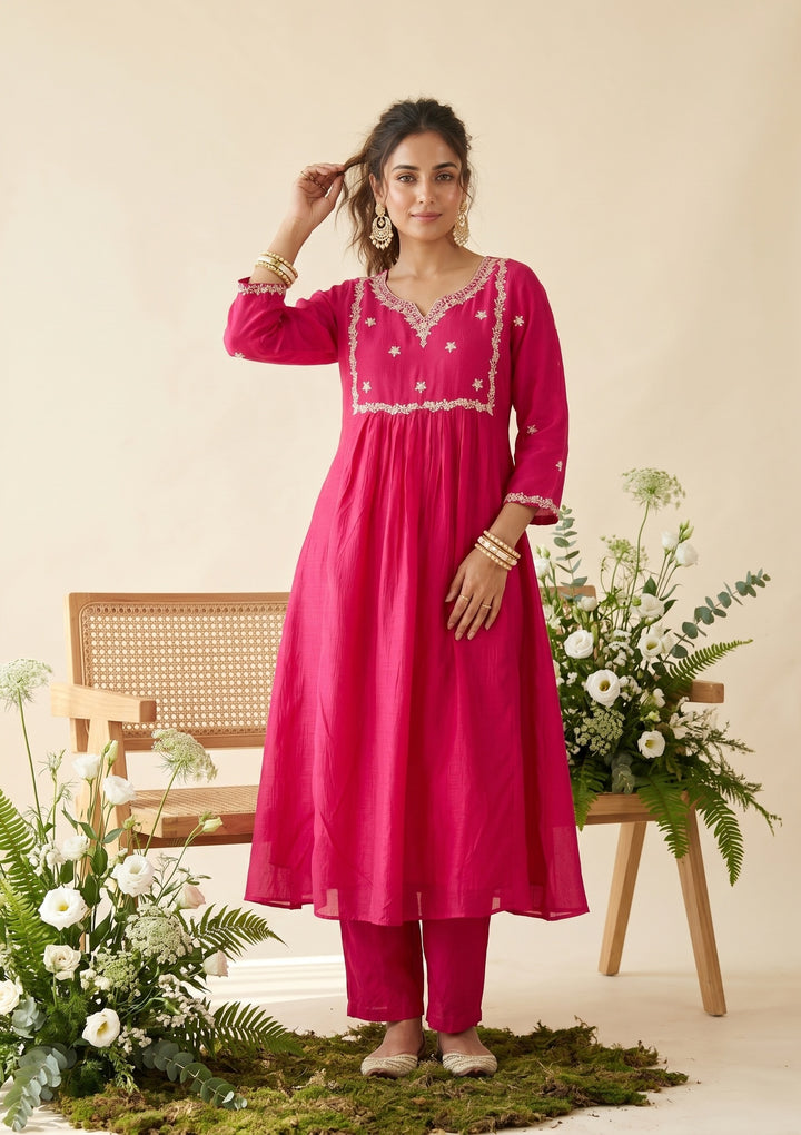 Rani Pink Zariwork (Gold) Soft Raw Silk Readymade Salwar Suit