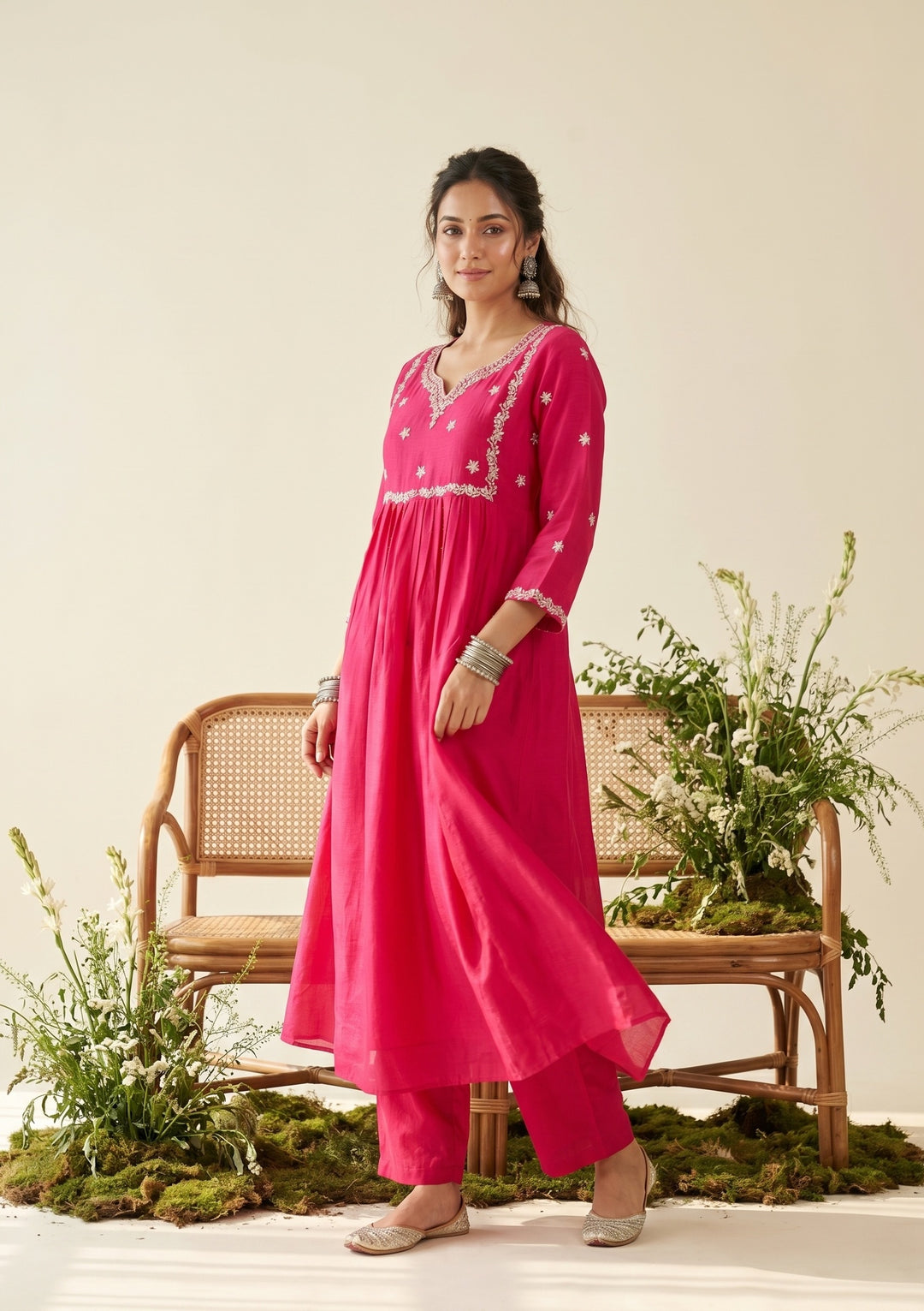 Rani Pink Zariwork (Gold) Soft Raw Silk Readymade Salwar Suit