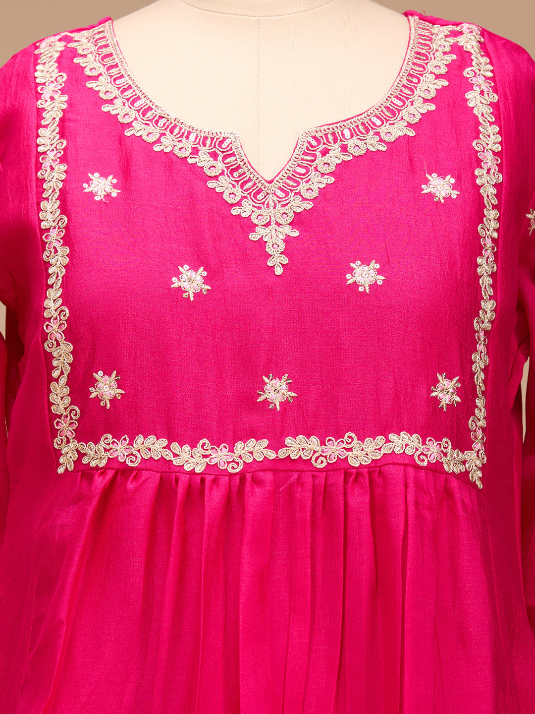 Rani Pink Zariwork (Gold) Soft Raw Silk Readymade Salwar Suit