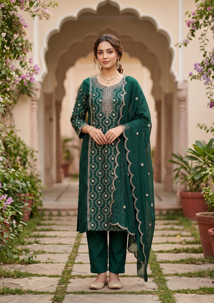 Bottle Green Soft Raw Silk Threadwork Anarkali Kurta With Regular Pant And Dupatta