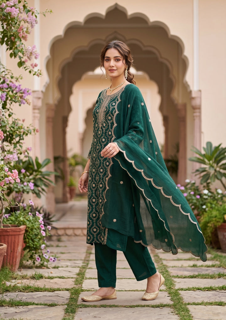 Bottle Green Soft Raw Silk Threadwork Anarkali Kurta With Regular Pant And Dupatta