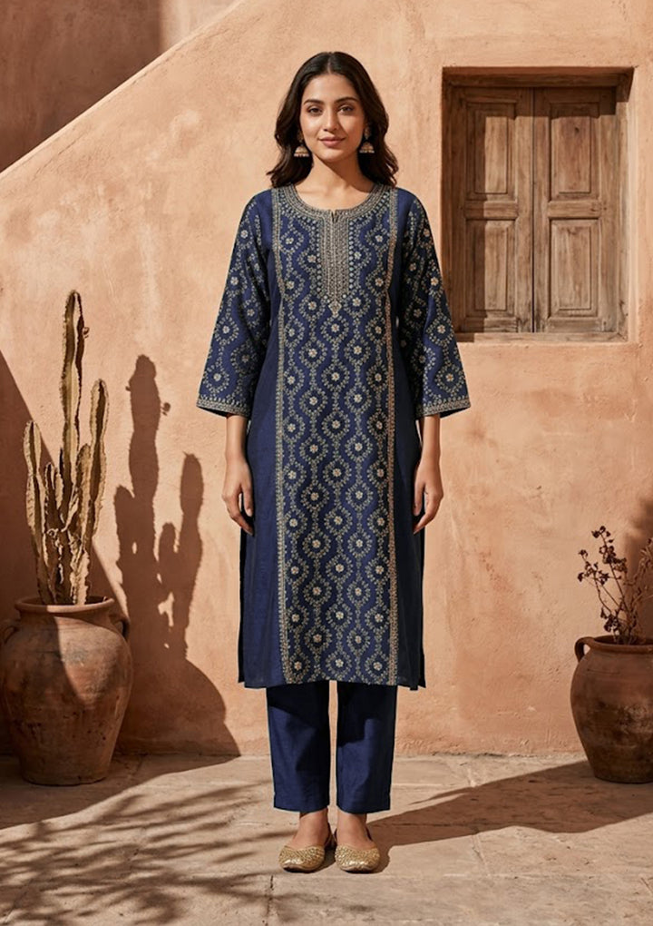 Navy Blue Soft Raw Silk Threadwork Anarkali Kurta With Regular Pant And Dupatta