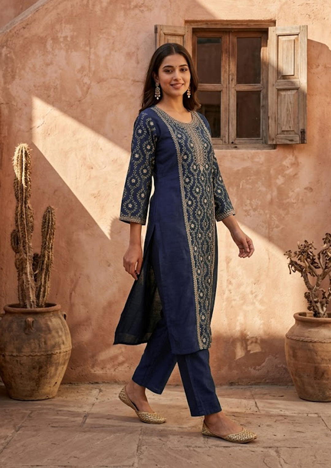 Navy Blue Soft Raw Silk Threadwork Anarkali Kurta With Regular Pant And Dupatta