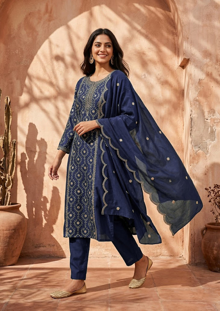 Navy Blue Soft Raw Silk Threadwork Anarkali Kurta With Regular Pant And Dupatta