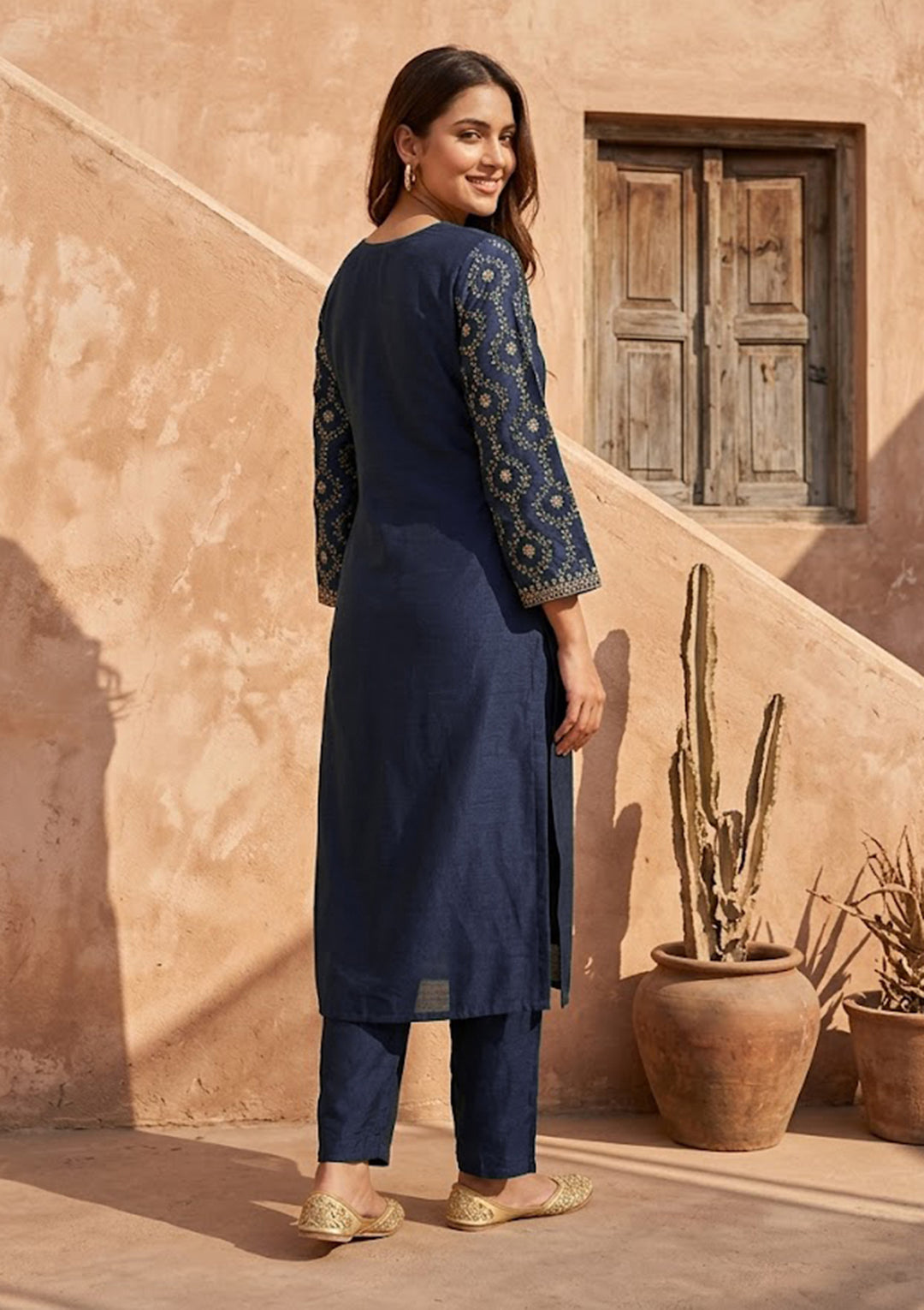Navy Blue Soft Raw Silk Threadwork Anarkali Kurta With Regular Pant And Dupatta
