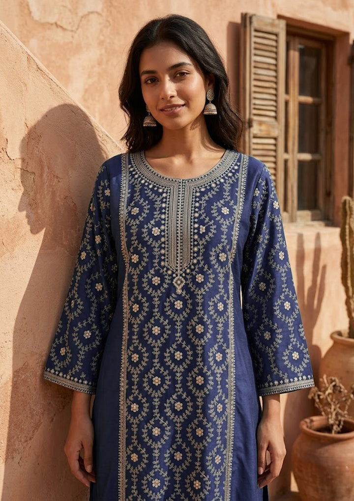 Navy Blue Soft Raw Silk Threadwork Anarkali Kurta With Regular Pant And Dupatta