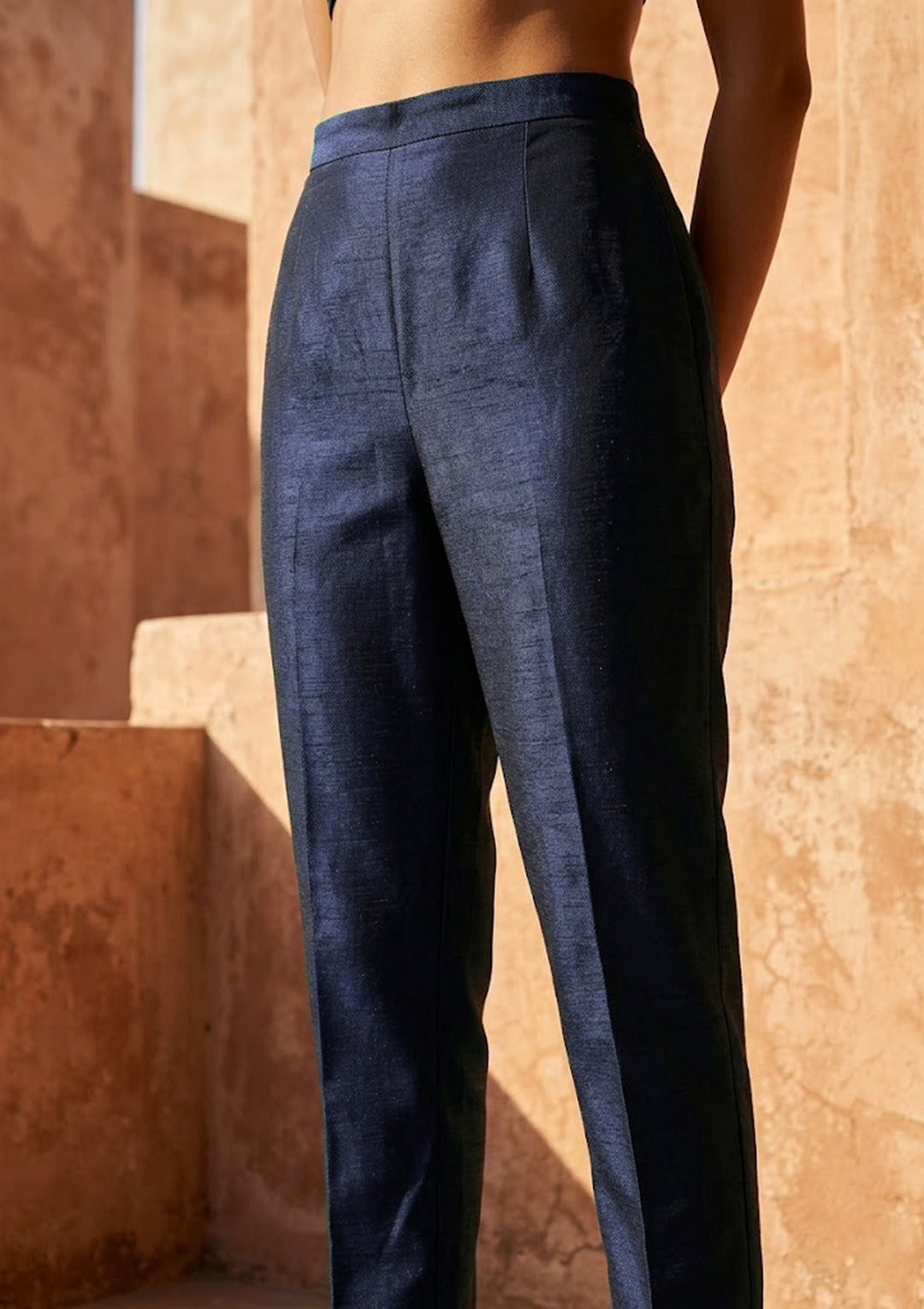 Navy Blue Soft Raw Silk Threadwork Anarkali Kurta With Regular Pant And Dupatta