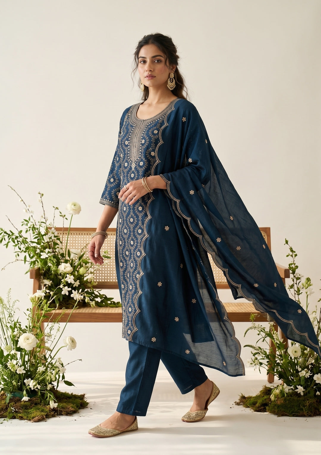 Navy Blue Soft Raw Silk Threadwork Anarkali Kurta With Regular Pant And Dupatta