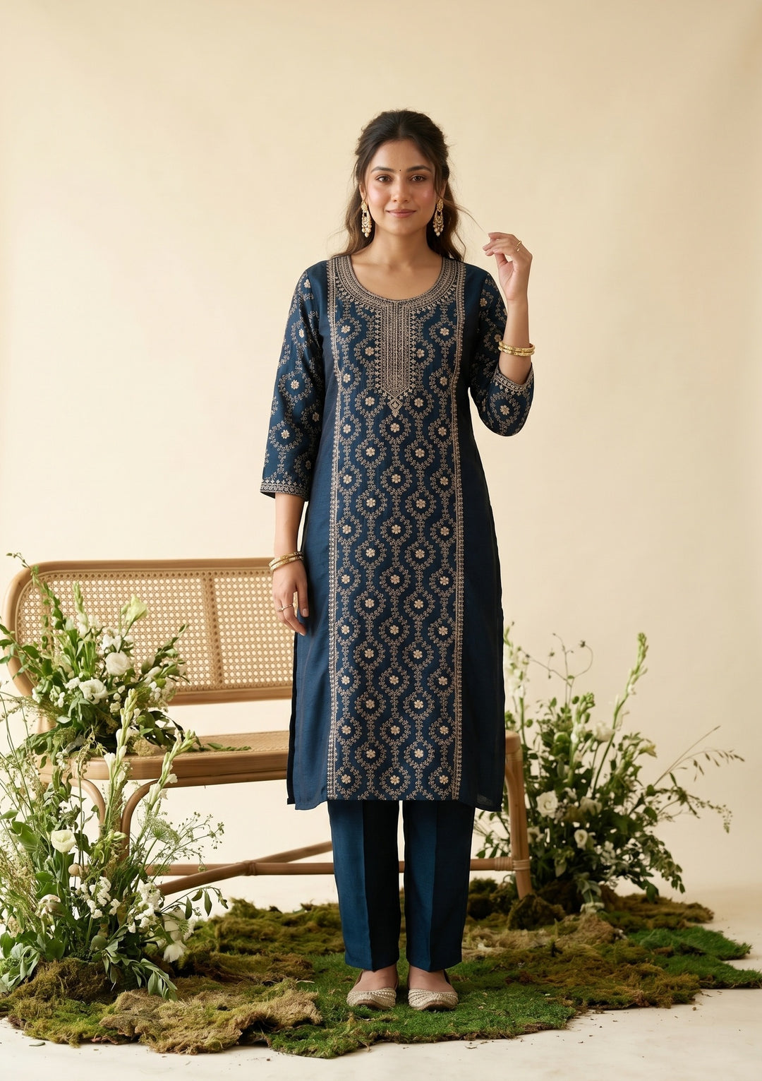 Navy Blue Soft Raw Silk Threadwork Anarkali Kurta With Regular Pant And Dupatta