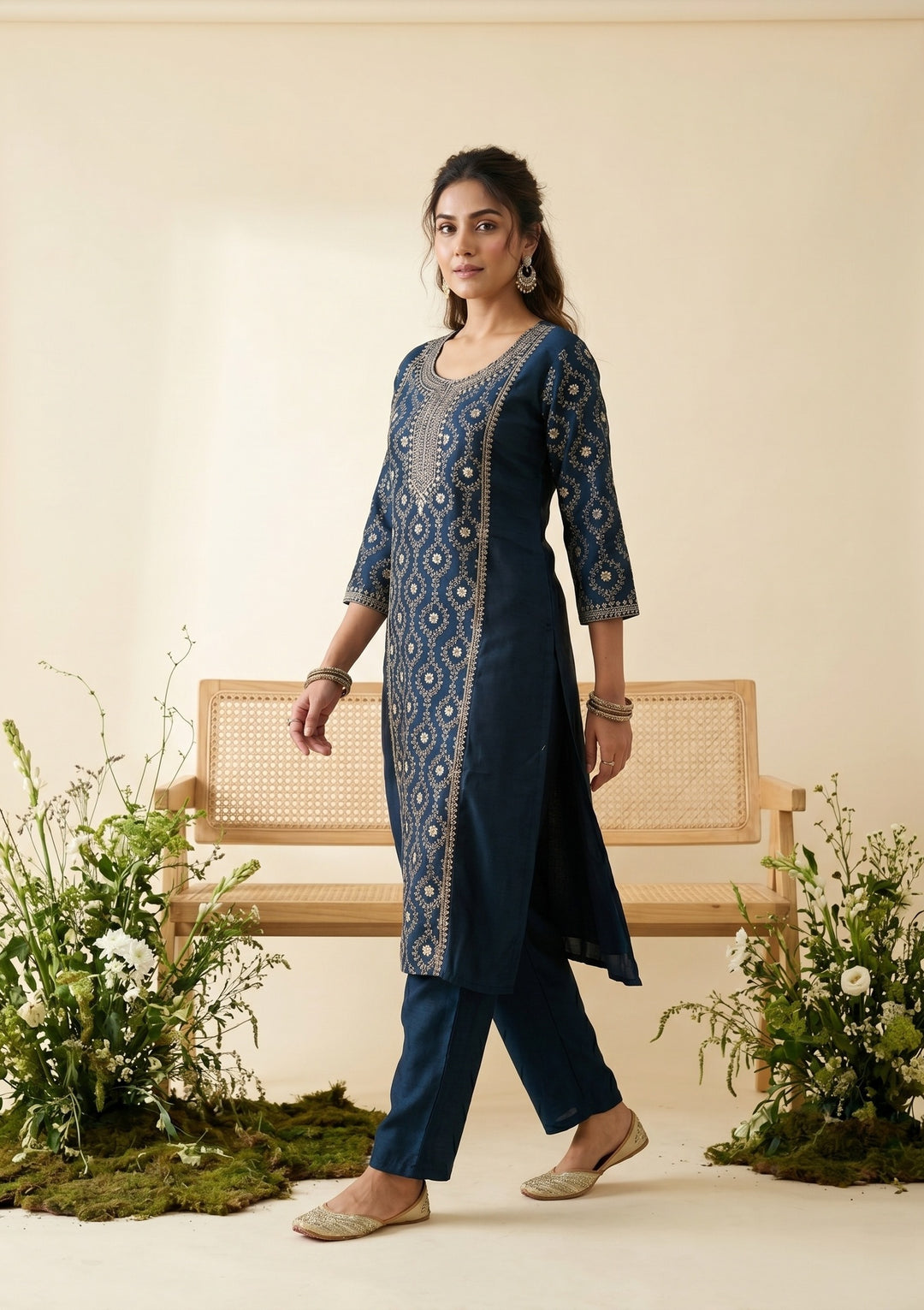 Navy Blue Soft Raw Silk Threadwork Anarkali Kurta With Regular Pant And Dupatta