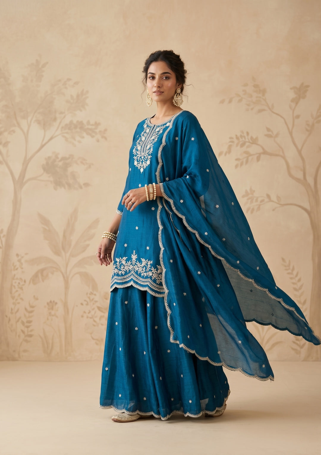 Peacock Blue Zariwork (Gold) Chinon Readymade Salwar Suit