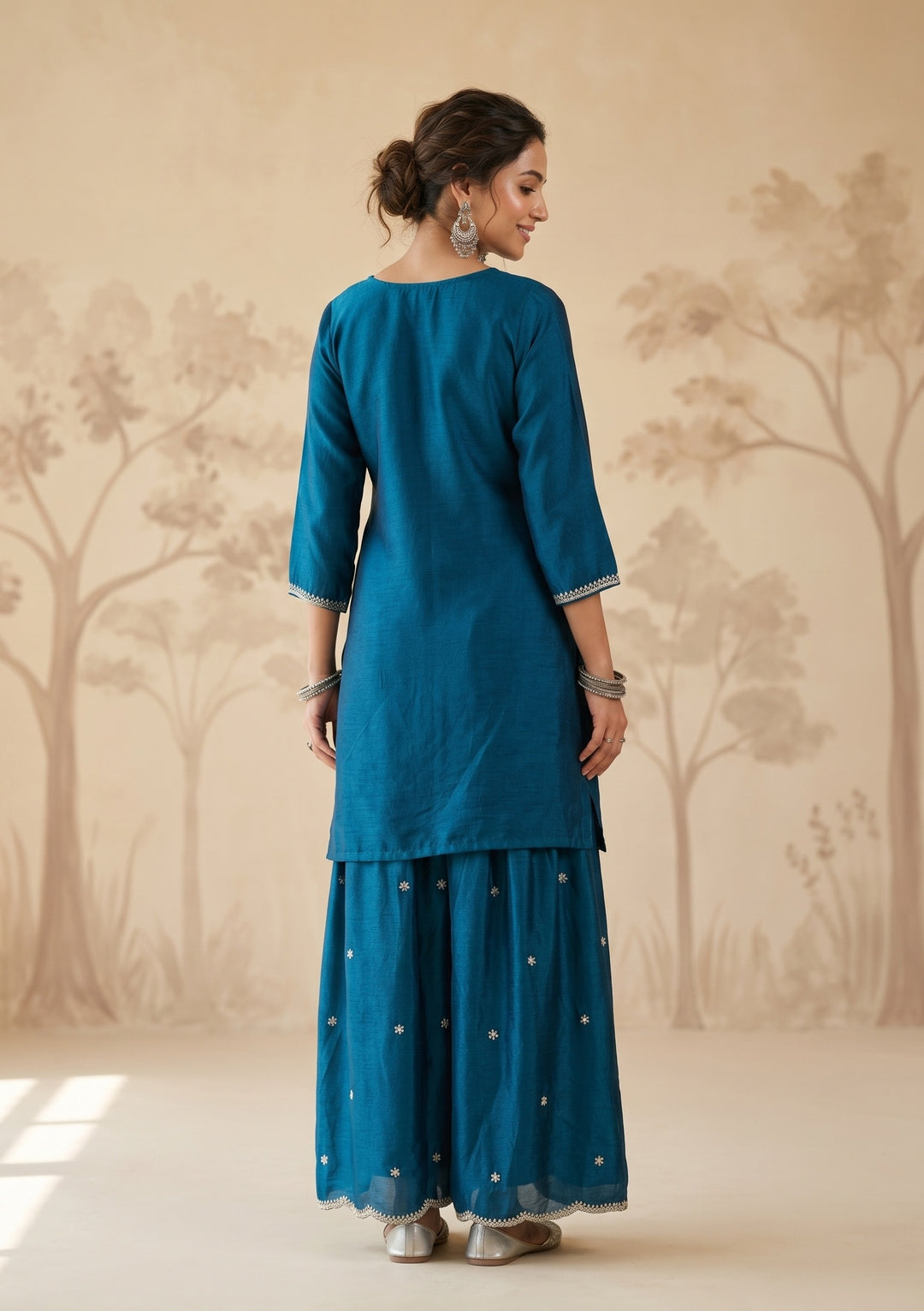 Peacock Blue Zariwork (Gold) Chinon Readymade Salwar Suit