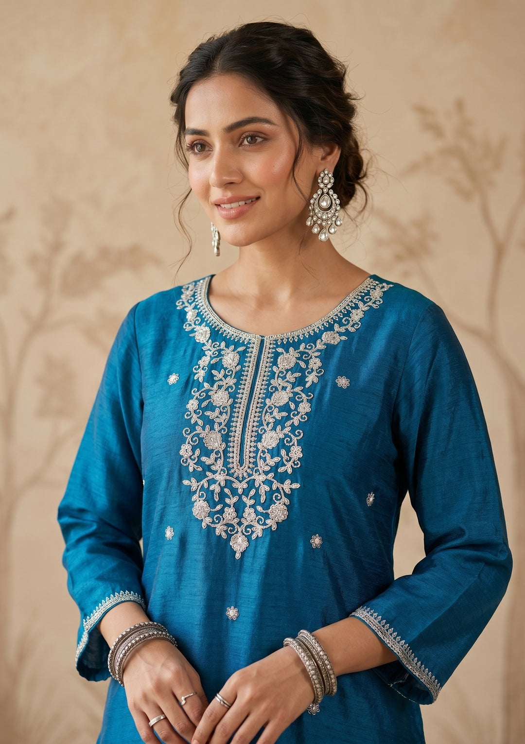 Peacock Blue Zariwork (Gold) Chinon Readymade Salwar Suit