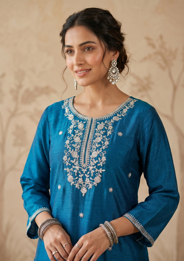 Peacock Blue Zariwork (Gold) Chinon Readymade Salwar Suit