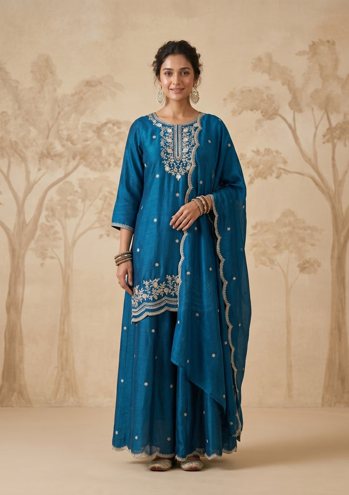 Peacock Blue Zariwork (Gold) Chinon Readymade Salwar Suit