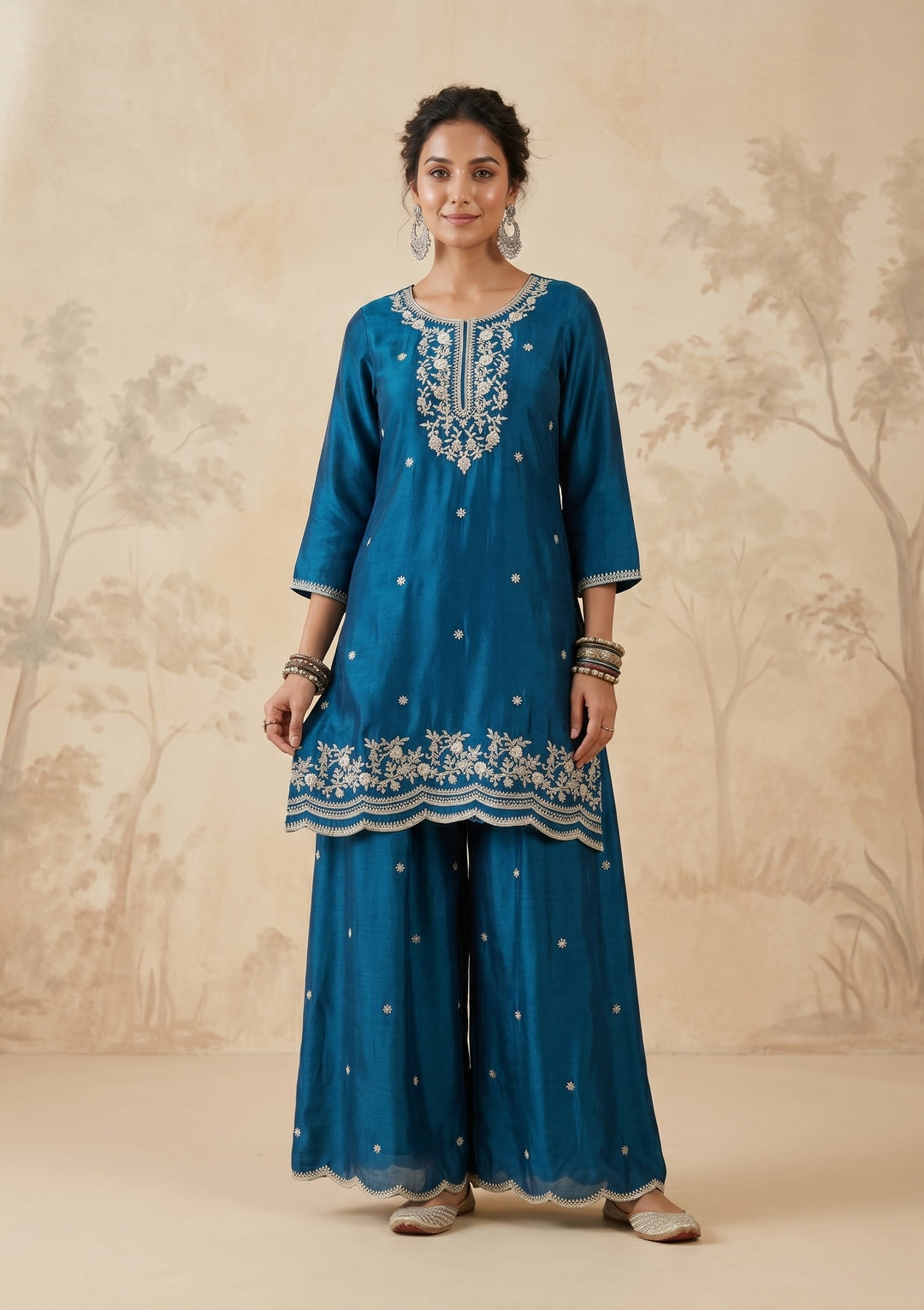 Peacock Blue Zariwork (Gold) Chinon Readymade Salwar Suit