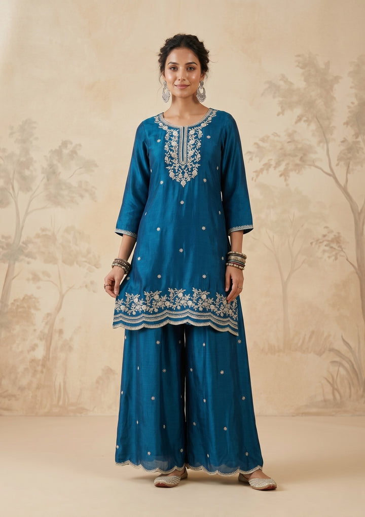Peacock Blue Zariwork (Gold) Chinon Readymade Salwar Suit