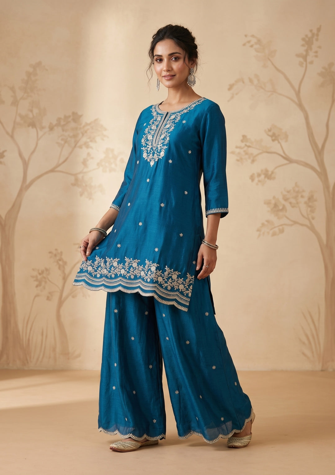 Peacock Blue Zariwork (Gold) Chinon Readymade Salwar Suit
