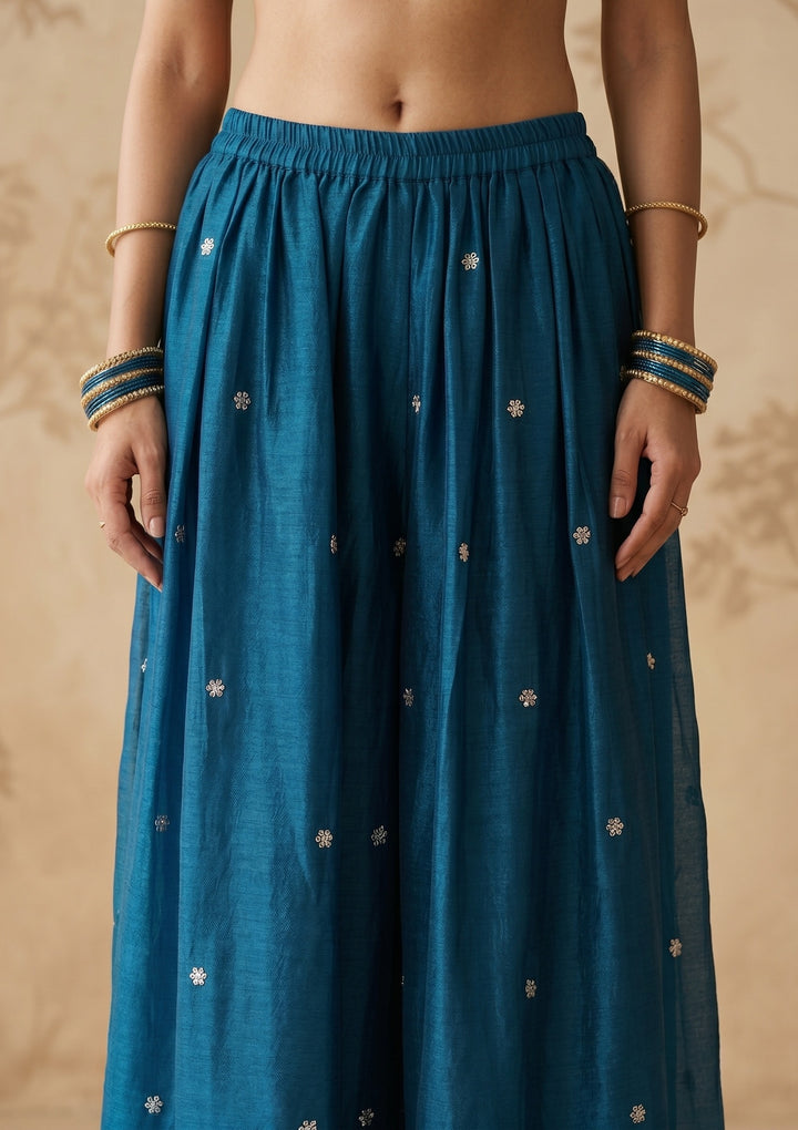 Peacock Blue Zariwork (Gold) Chinon Readymade Salwar Suit