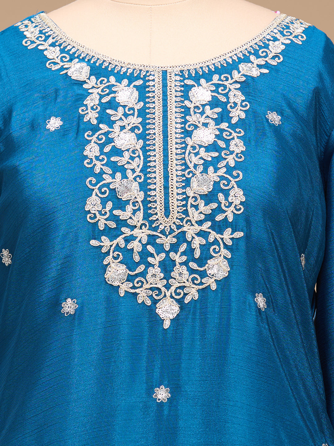 Peacock Blue Zariwork (Gold) Chinon Readymade Salwar Suit