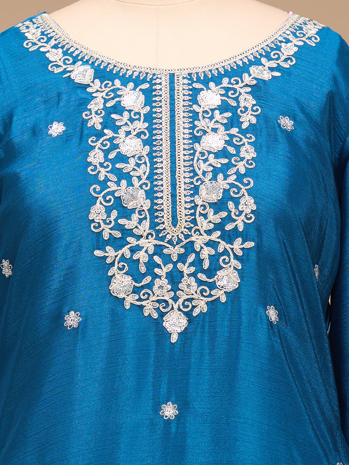 Peacock Blue Zariwork (Gold) Chinon Readymade Salwar Suit