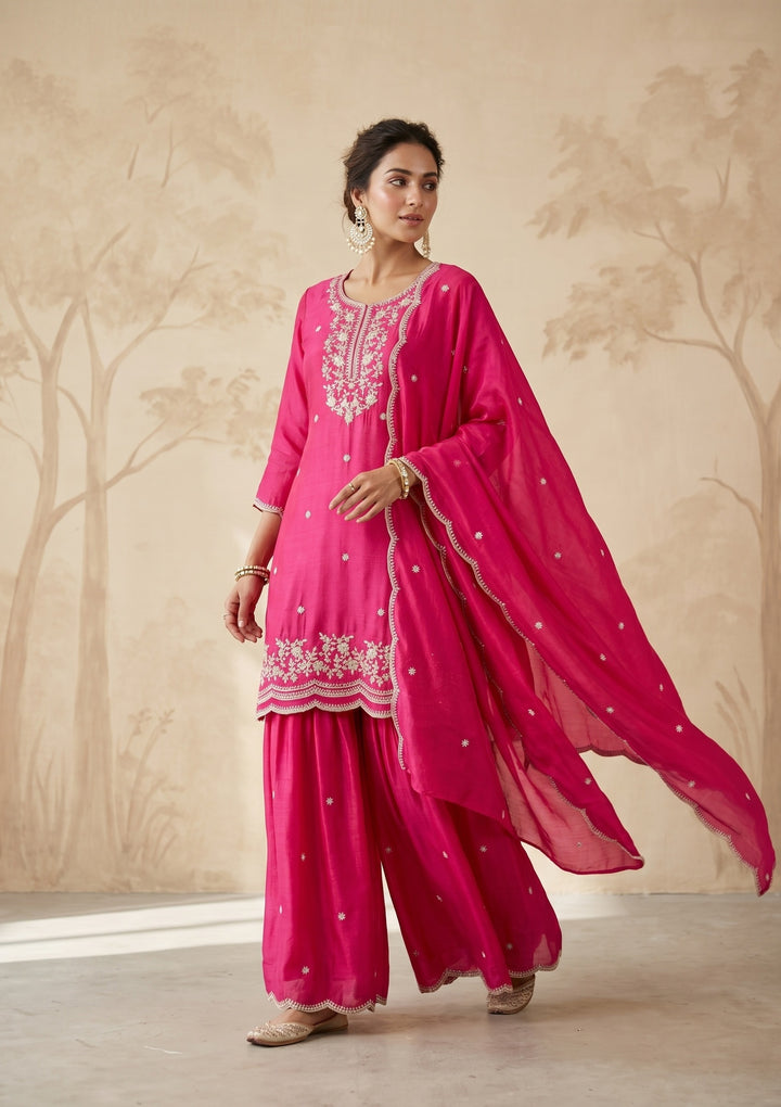 Rani Pink Zariwork (Gold) Chinon Readymade Salwar Suit